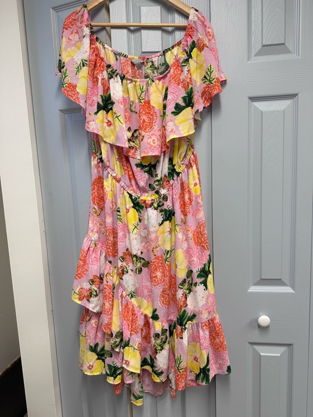 Pink Floral Off-Shoulder Ruffle Sundress